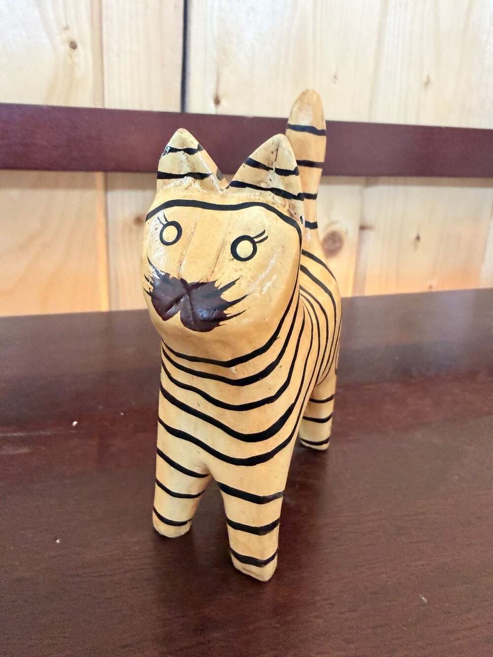 Handmade Wooden Striped Cat Figurine Folk Art Black Striped Painted Cat Statue